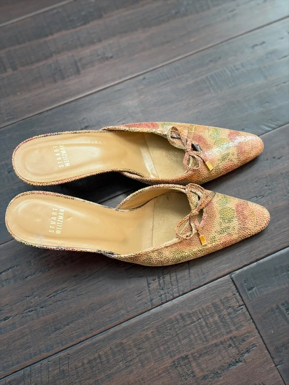 Vintage Stuart Weitzman Multicolor Floral Pointed Bow Mules - Picture 3 of 8
